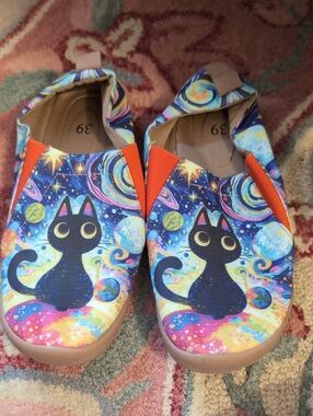 Women's Colorful Space Cat Slip-On Shoes - Orange Accent